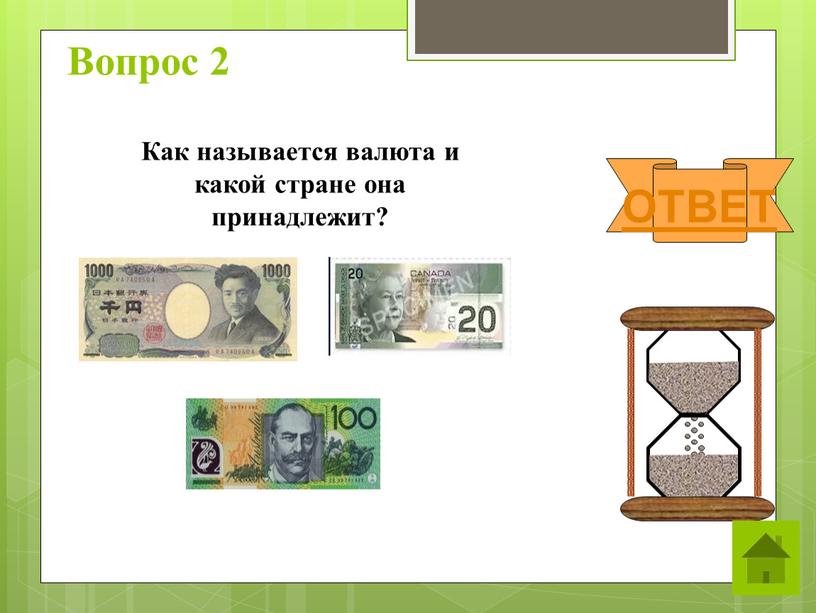 Вопрос 2 ОТВЕТ Как называется валюта и какой стране она принадлежит?