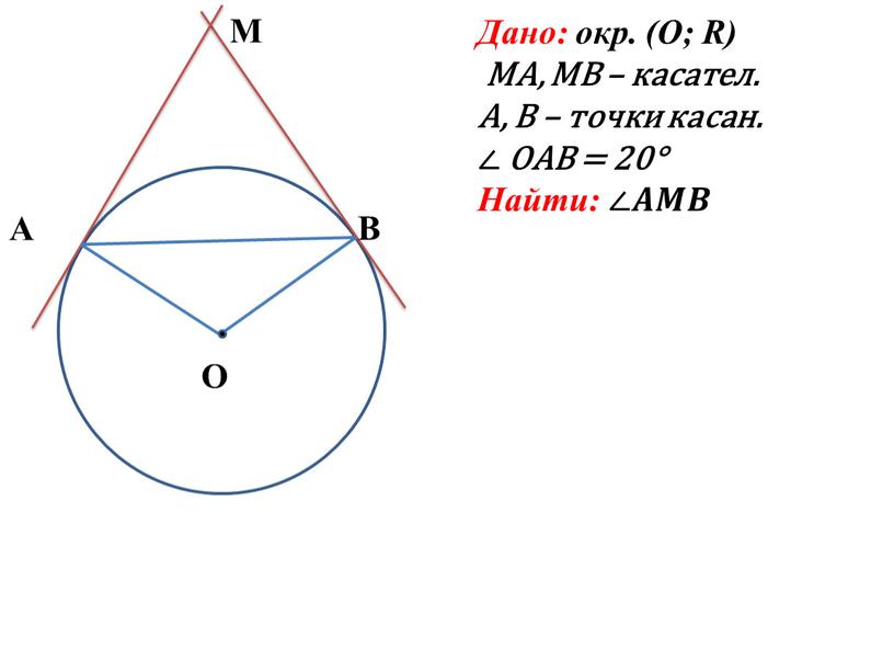 O А В М Дано: окр. (О; R) МА,