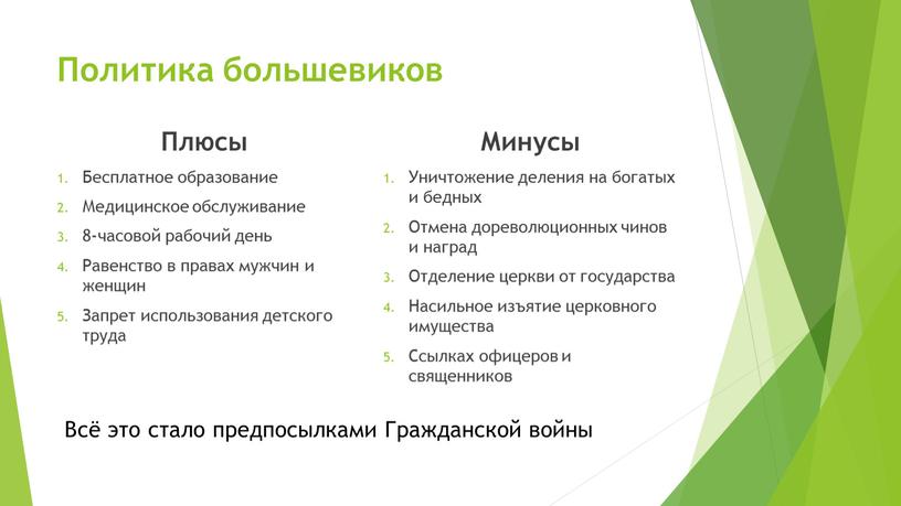 Политика большевиков Плюсы Бесплатное образование