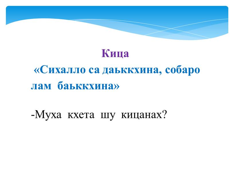 Кица «Сихалло са даьккхина, собаро лам баьккхина» -Муха кхета шу кицанах?