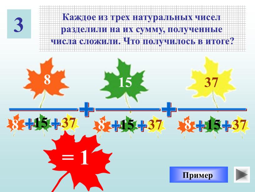 Каждое из трех натуральных чисел разделили на их сумму, полученные числа сложили