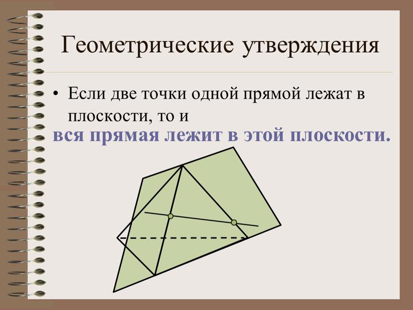 Геометрические утверждения Если две точки одной прямой лежат в плоскости, то и вся прямая лежит в этой плоскости