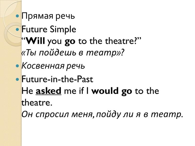 Прямая речь Future Simple “ Will you go to the theatre?” «Ты пойдешь в театр»?