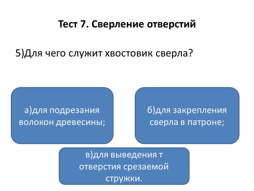 Тест 7. Сверление отверстий 5)Для чего служит хвостовик сверла? а)для подрезания волокон древесины; в)для выведения т отверстия срезаемой стружки