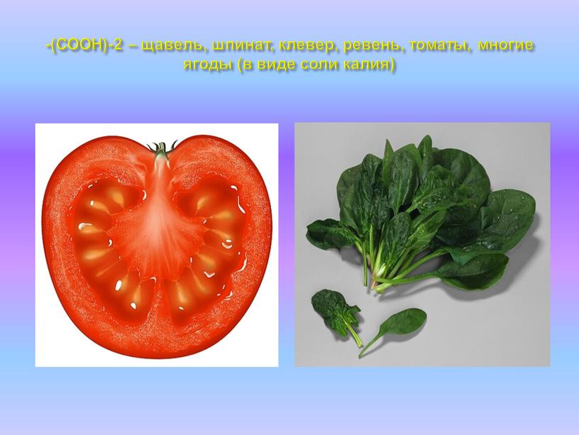 СООН)-2 – щавель, шпинат, клевер, ревень, томаты, многие ягоды (в виде соли калия)