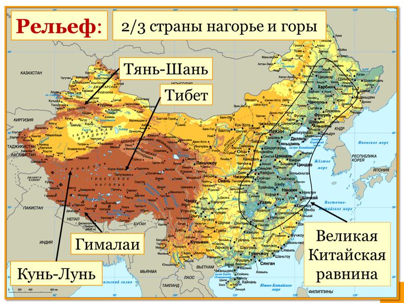 Рельеф : Великая Китайская равнина 2/3 страны нагорье и горы