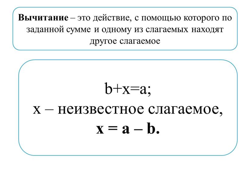 Вычитание – это действие, с помощью которого по заданной сумме и одному из слагаемых находят другое слагаемое b+x=a; х – неизвестное слагаемое, х = a…