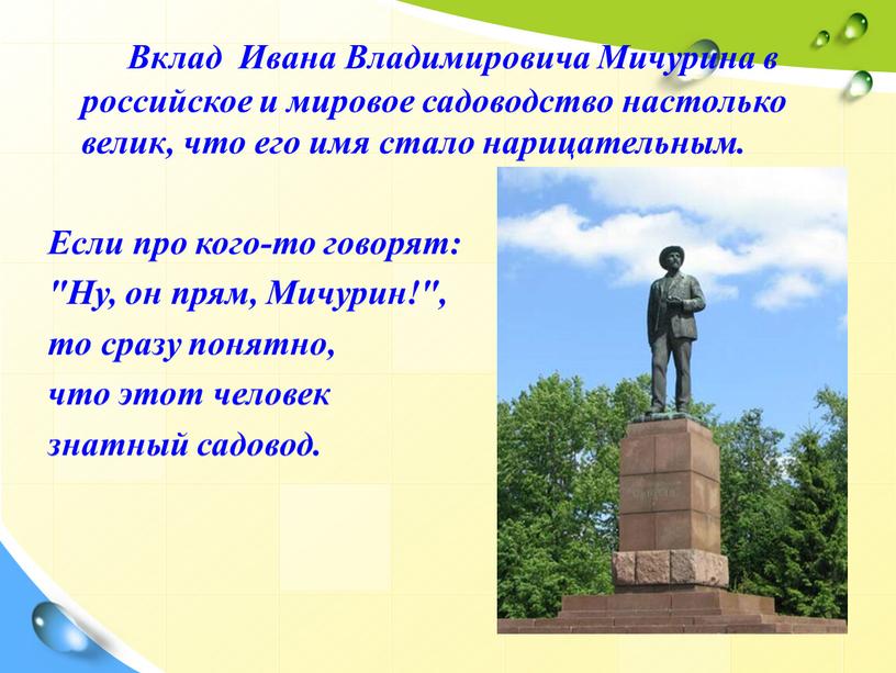 Вклад Ивана Владимировича Мичурина в российское и мировое садоводство настолько велик, что его имя стало нарицательным