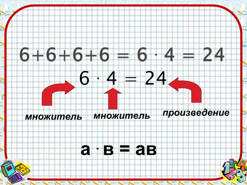 6+6+6+6 = 6 . 4 = 24 6 . 4 = 24 множитель