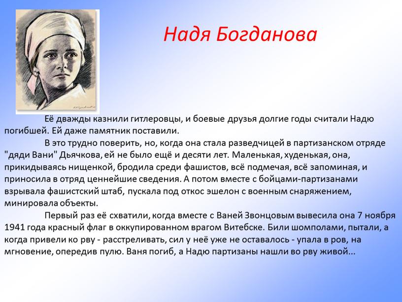 Надя Богданова Её дважды казнили гитлеровцы, и боевые друзья долгие годы считали