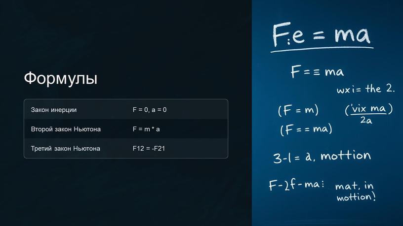 Формулы Закон инерции F = 0, a = 0