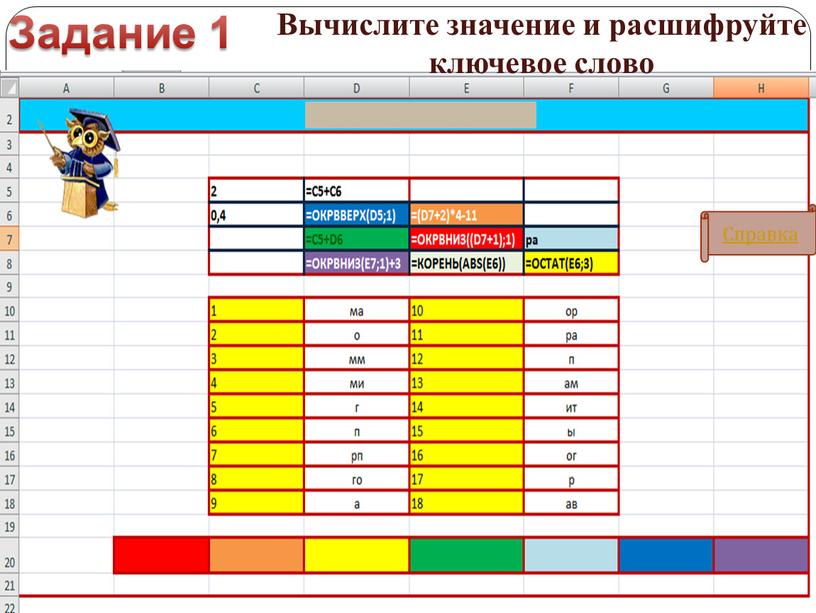 Справка Задание 1 Вычислите значение и расшифруйте ключевое слово