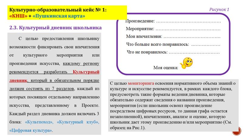 С целью предоставления школьнику возможности фиксировать свои впечатления от культурного мероприятия или произведения искусства, каждому региону рекомендуется разработать