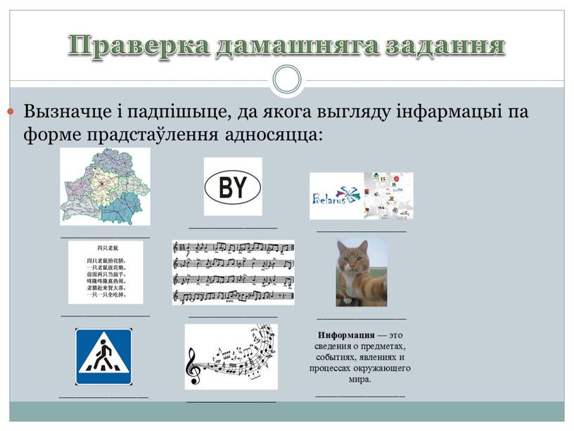 Праверка дамашняга задання Вызначце і падпішыце, да якога выгляду інфармацыі па форме прадстаўлення адносяцца: