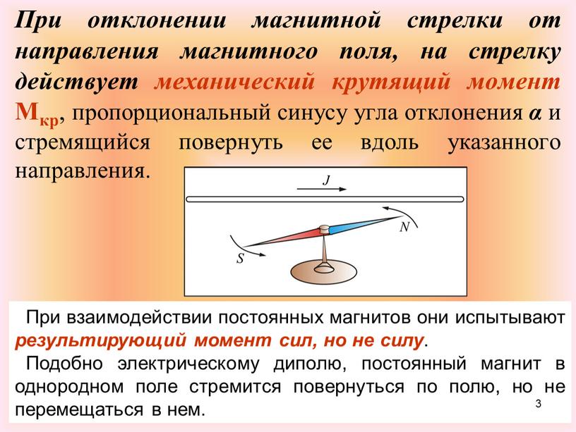 При отклонении магнитной стрелки от направления магнитного поля, на стрелку действует механический крутящий момент