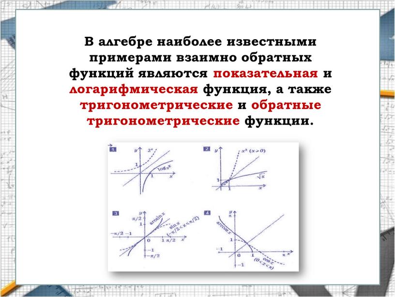 В алгебре наиболее известными примерами взаимно обратных функций являются показательная и логарифмическая функция, а также тригонометрические и обратные тригонометрические функции