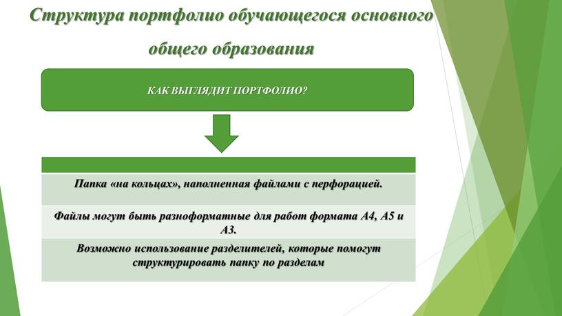 КАК ВЫГЛЯДИТ ПОРТФОЛИО? Структура портфолио обучающегося основного общего образования