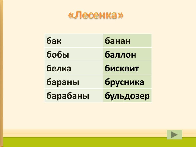 Лесенка» бак банан бобы баллон белка бисквит бараны брусника барабаны бульдозер