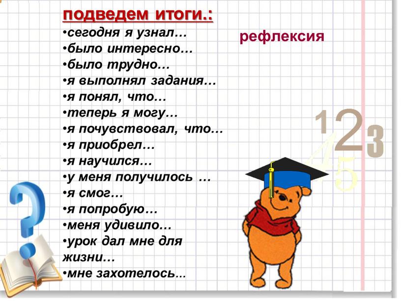 рефлексия подведем итоги.: сегодня я узнал… было интересно… было трудно… я выполнял задания… я понял, что… теперь я могу… я почувствовал, что… я приобрел… я…