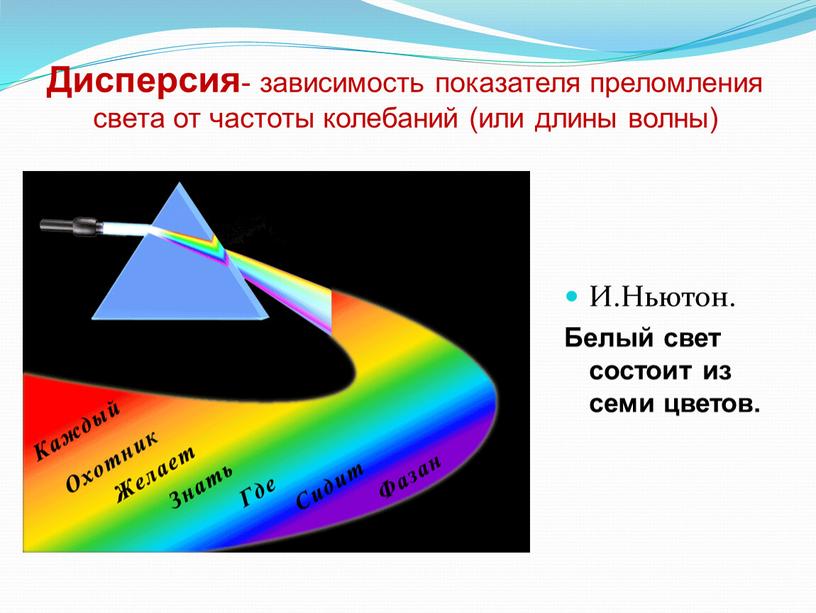 Дисперсия - зависимость показателя преломления света от частоты колебаний (или длины волны)