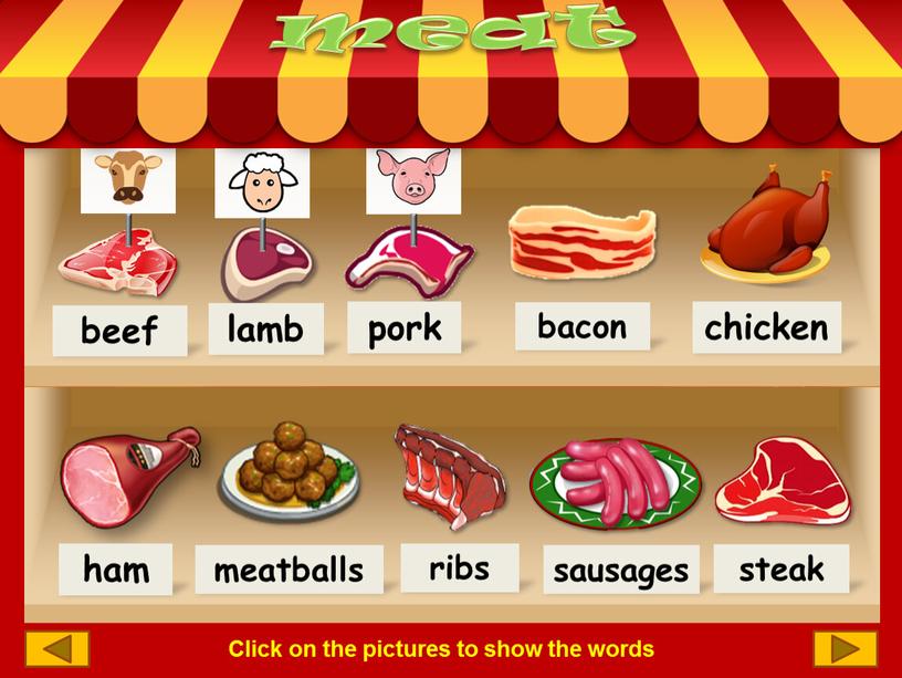 Click on the pictures to show the words bacon sausages steak meatballs chicken beef pork lamb ham ribs meat