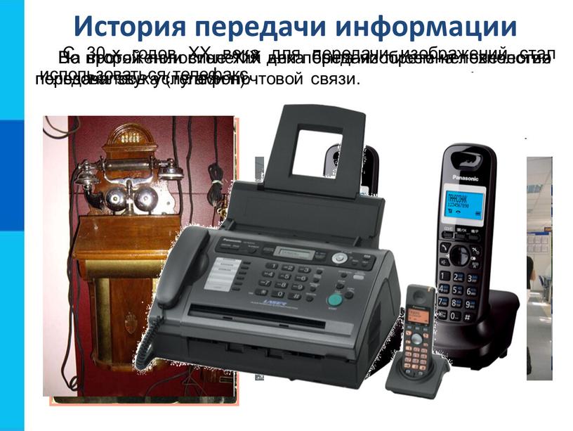 История передачи информации На протяжении столетий для передачи писем человечество пользовалось услугами почтовой связи