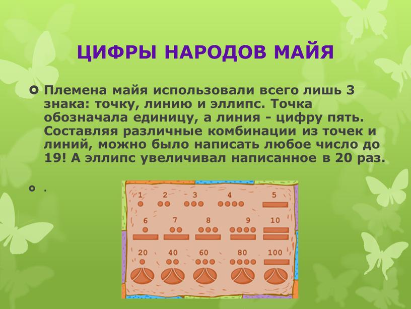 ЦИФРЫ НАРОДОВ МАЙЯ Племена майя использовали всего лишь 3 знака: точку, линию и эллипс