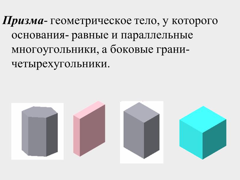 Призма - геометрическое тело, у которого основания- равные и параллельные многоугольники, а боковые грани- четырехугольники