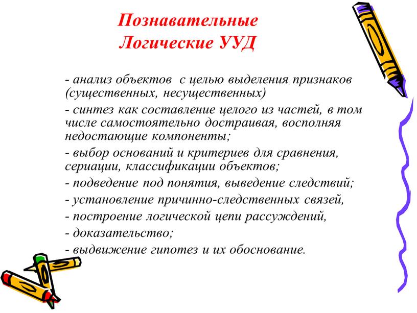 Познавательные Логические УУД - анализ объектов с целью выделения признаков (существенных, несущественных) - синтез как составление целого из частей, в том числе самостоятельно достраивая, восполняя…