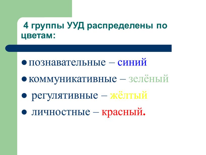 УУД распределены по цветам: познавательные – синий коммуникативные – зелёный регулятивные – жёлтый личностные – красный