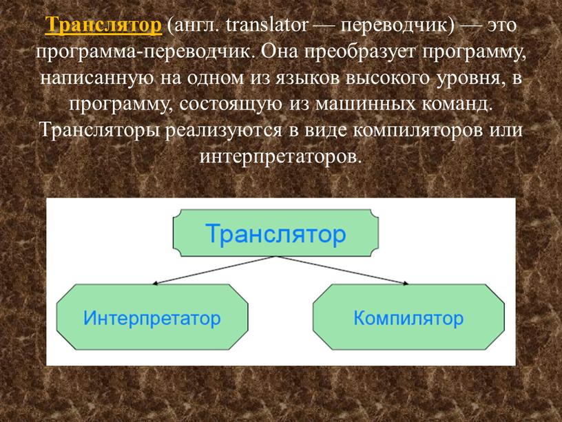 Транслятор (англ. translator — переводчик) — это программа-переводчик