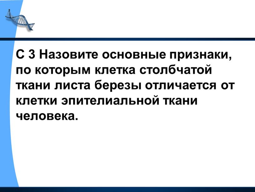 С 3 Назовите основные признаки, по которым клетка столбчатой ткани листа березы отличается от клетки эпителиальной ткани человека