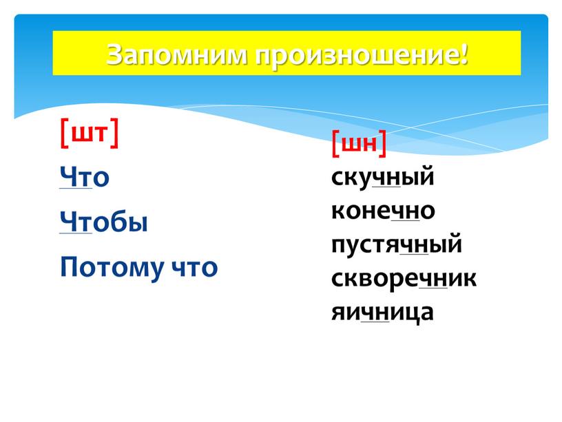 Чт о Чт обы Потому что Запомним произношение! [шн] скучный конечно пустячный скворечник яичница