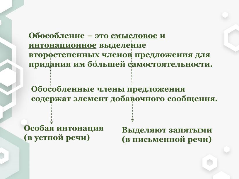 Обособление – это смысловое и интонационное выделение второстепенных членов предложения для придания им большей самостоятельности