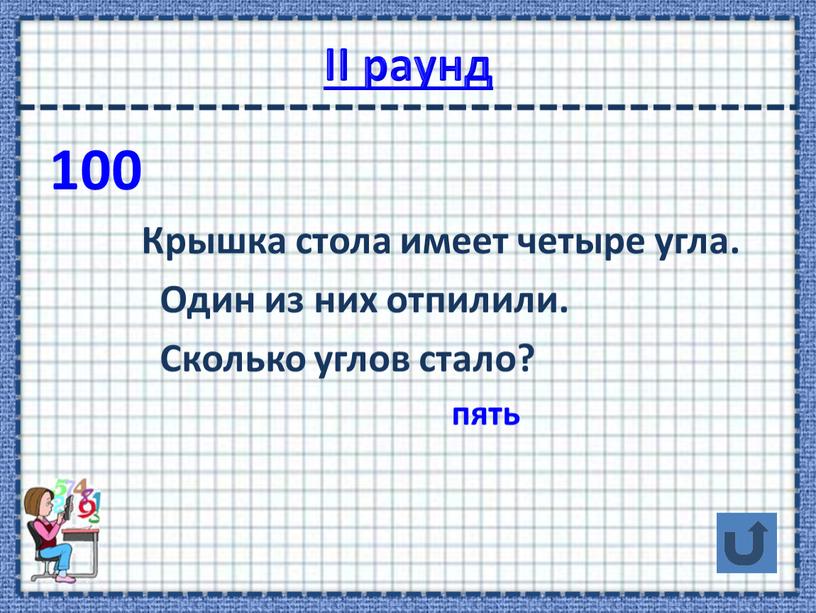 II раунд 100 Крышка стола имеет четыре угла