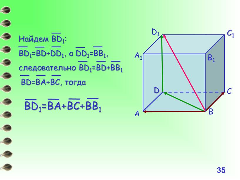 Найдем BD1: BD1=BD+DD1, а DD1=BB1, следовательно