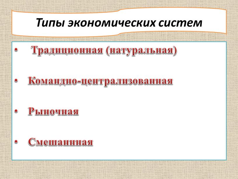 Типы экономических систем Традиционная (натуральная)