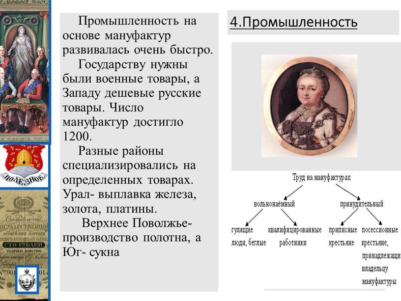 Промышленность Промышленность на основе мануфактур развивалась очень быстро