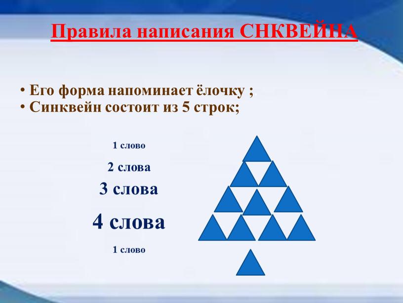 Правила написания СНКВЕЙНА Его форма напоминает ёлочку ;