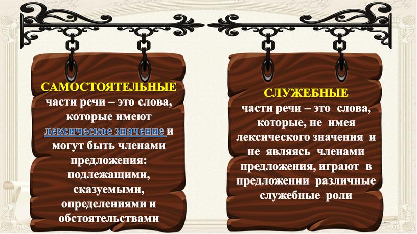 САМОСТОЯТЕЛЬНЫЕ части речи – это слова, которые имеют лексическое значение и могут быть членами предложения: подлежащими, сказуемыми, определениями и обстоятельствами