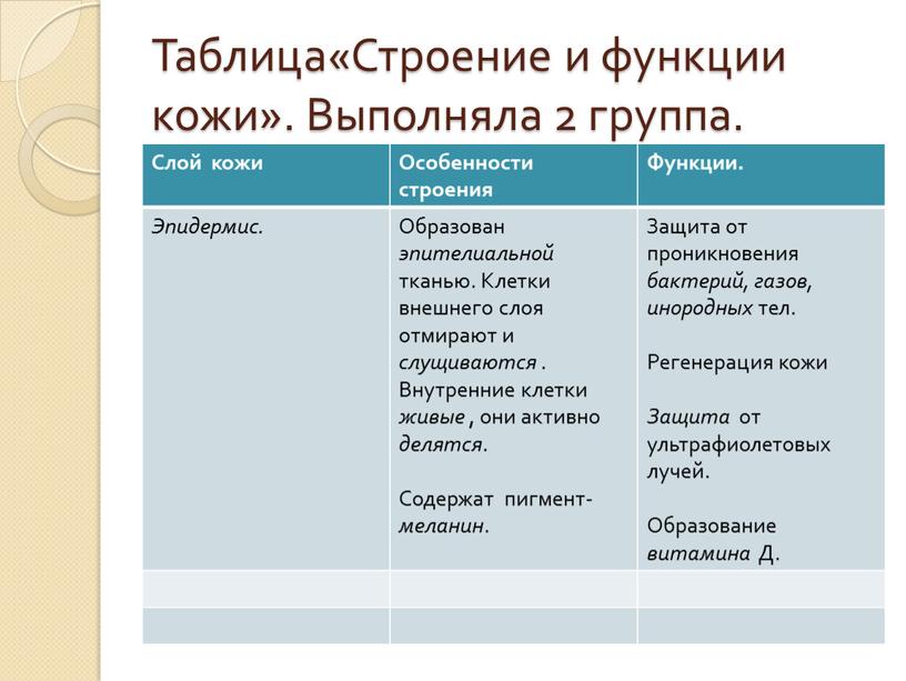 Таблица«Строение и функции кожи»