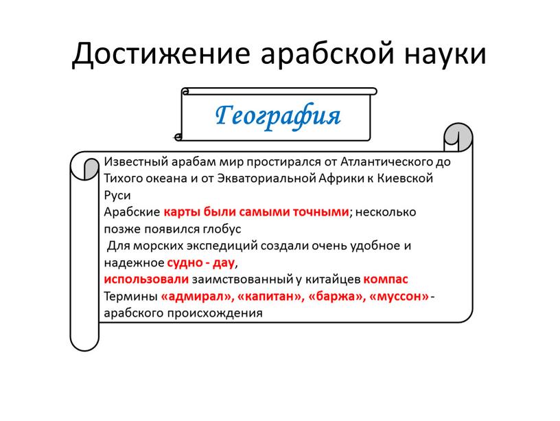 Достижение арабской науки Известный арабам мир простирался от