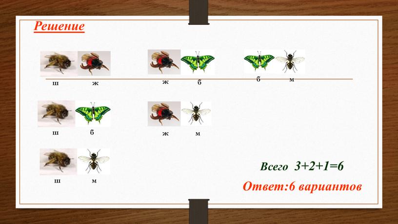 Всего 3+2+1=6 Ответ:6 вариантов ш ж ж б м м м