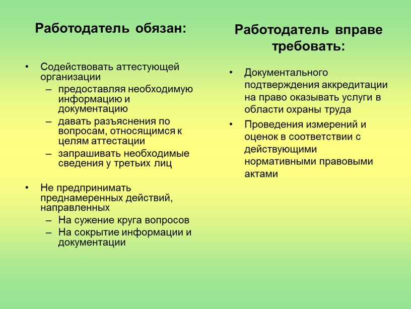 Работодатель обязан: Работодатель вправе требовать: