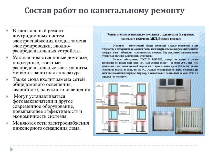 Состав работ по капитальному ремонту