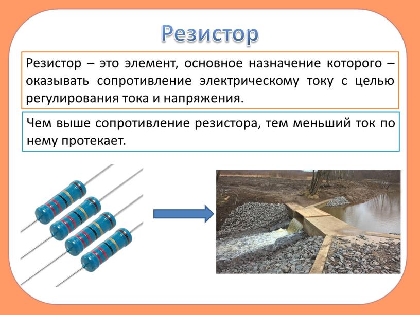 Резистор Резистор – это элемент, основное назначение которого – оказывать сопротивление электрическому току с целью регулирования тока и напряжения