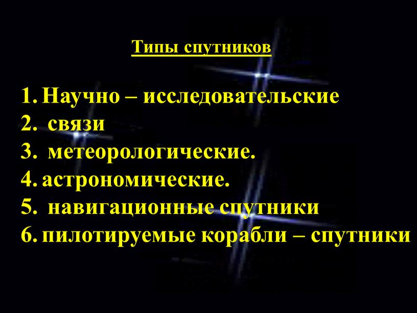 Типы спутников Научно – исследовательские связи метеорологические