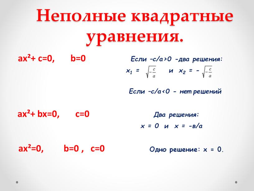 Неполные квадратные уравнения. aх²+ c=0, b=0