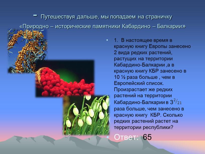 Путешествуя дальше, мы попадаем на страничку «Природно – исторические памятники