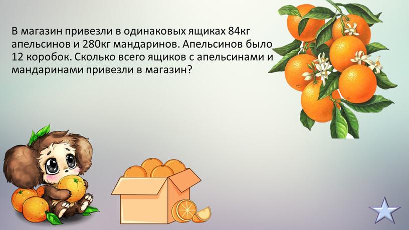 В магазин привезли в одинаковых ящиках 84кг апельсинов и 280кг мандаринов